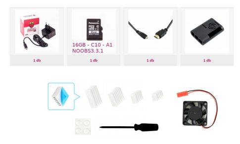 Alap tartozékcsomag Raspberry PI4-hez 16GB előre telepített microSD-vel, aktív hűtéssel, táp és videókábellel