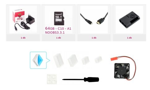 Alap tartozékcsomag Raspberry PI4-hez 64GB előre telepített microSD-vel, aktív hűtéssel, táp és videókábellel