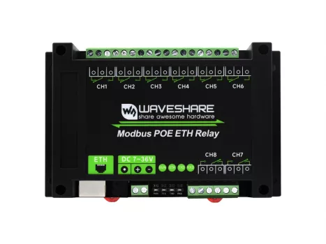 8 csatornás Ethernet relé modul, Modbus RTU/Modbus TCP protokoll, PoE port kommunikáció, különféle leválasztó és védelmi áramkörökkel 8 csatornás Ethernet relé modul, Modbus RTU/Modbus TCP protokoll, PoE port kommunikáció, különféle leválasztó és védelmi áramkörökkel