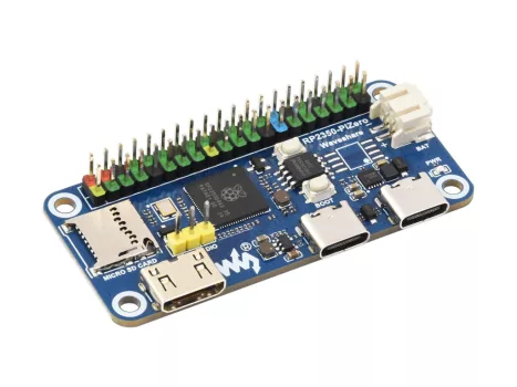 Waveshare RP2350-PiZero fejlesztőkártya, a Raspberry Pi RP2350 kétmagos és két architektúrájú mikrokontrolleren, 520 KB SRAM és 16 MB beépített flash memória