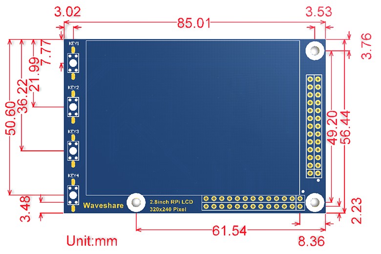 2.8 inch LCD, 320×240 Raspberry PI érintőkijelző 4 nyomógombbal